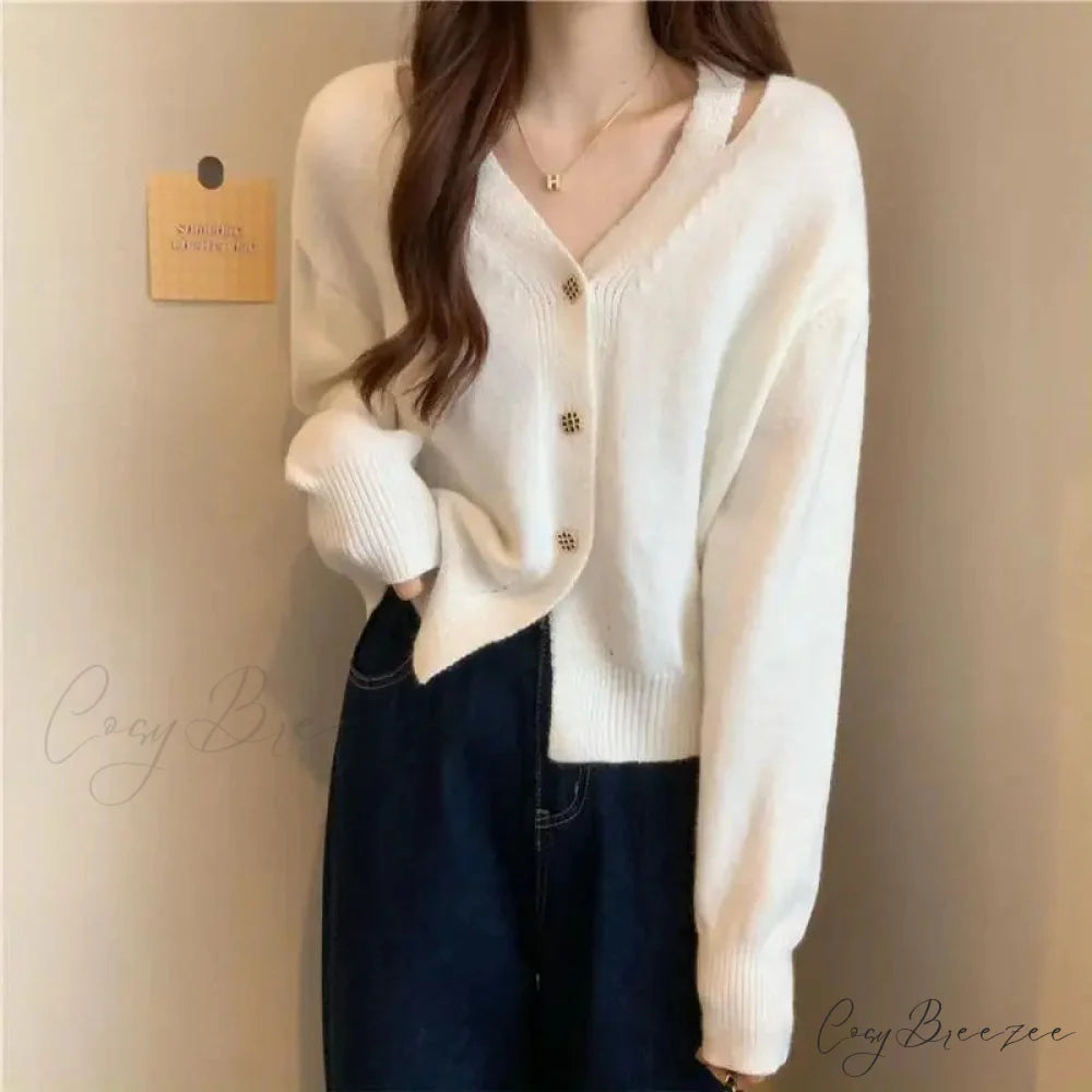 New V-Neck Button Red Knit Tops Stylish Knitwear Christmas Sweater white / M