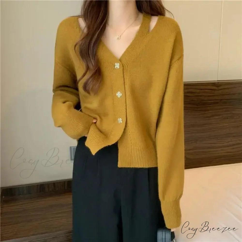New V-Neck Button Red Knit Tops Stylish Knitwear Christmas Sweater yellow / M