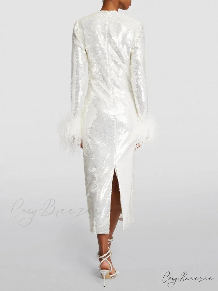 New Women O Neck Long Sleeve Luxury Sequin Feather Christmas Party Dress