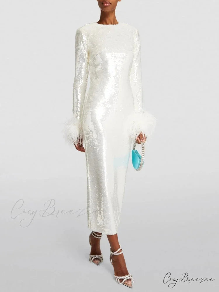New Women O Neck Long Sleeve Luxury Sequin Feather Christmas Party Dress