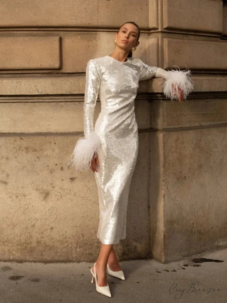 New Women O Neck Long Sleeve Luxury Sequin Feather Christmas Party Dress WHITE / S