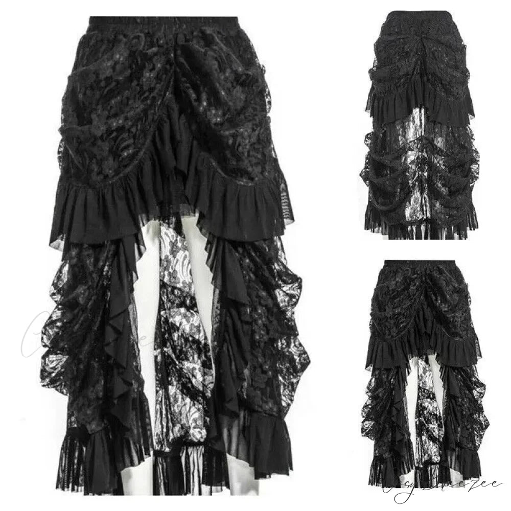New Women Retro Victorian Lace Up SteamGothic Goth Long Ruffle Dress Skirt Black / S