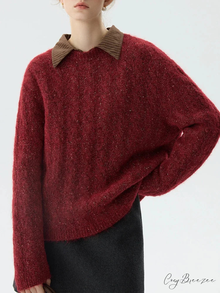 New Year’s Red Round Neck Loose Sweater swraters-241228