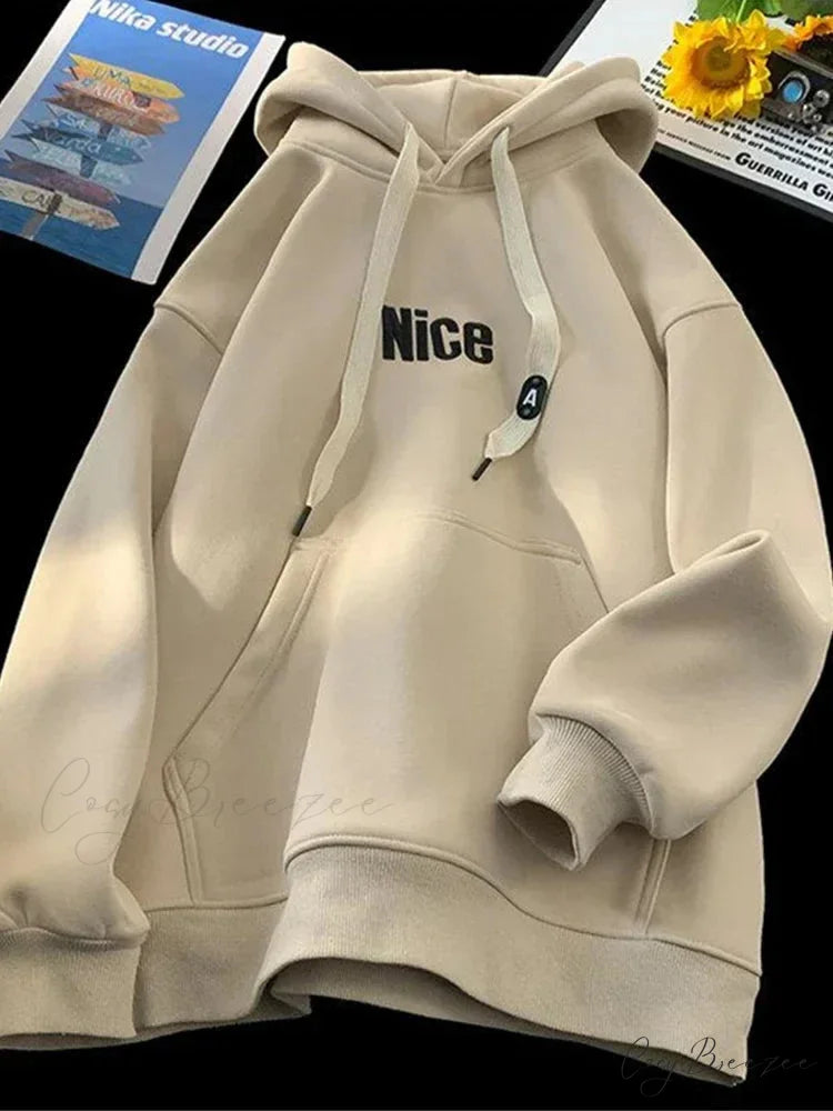 Nice Letter Print Cotton Fleece Hoodie apricot / M(40-45KG) hoodies-241228