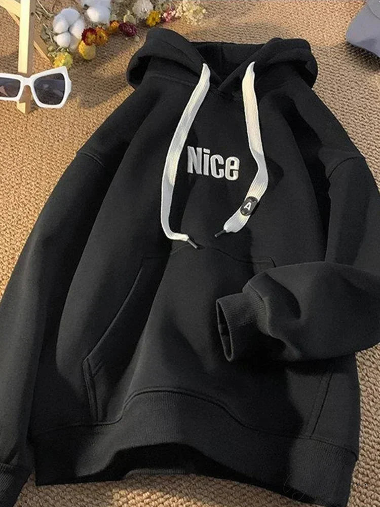Nice Letter Print Cotton Fleece Hoodie Black / M(40-45KG) hoodies-241228