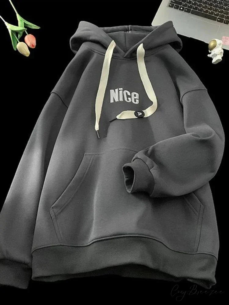 Nice Letter Print Cotton Fleece Hoodie Dark Grey / M(40-45KG) hoodies-241228