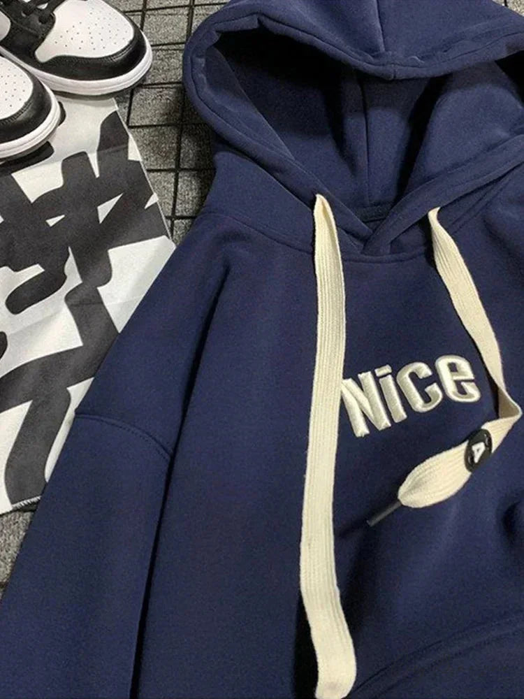 Nice Letter Print Cotton Fleece Hoodie Navy Blue / M(40-45KG) hoodies-241228