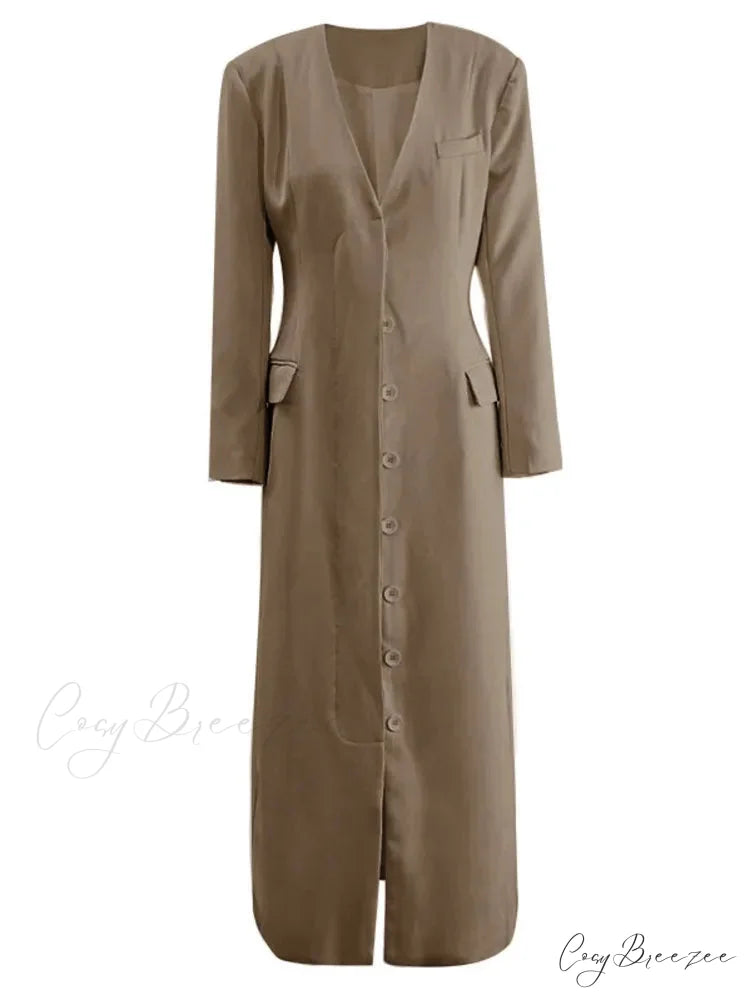 No Collar Single-Breasted Slim Coat Khaki / S overcoats-241228