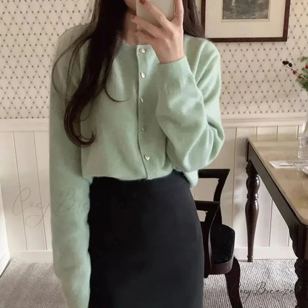 O-neck Full Sleeve Informal Cardigan Green / One Size cardigans-241228