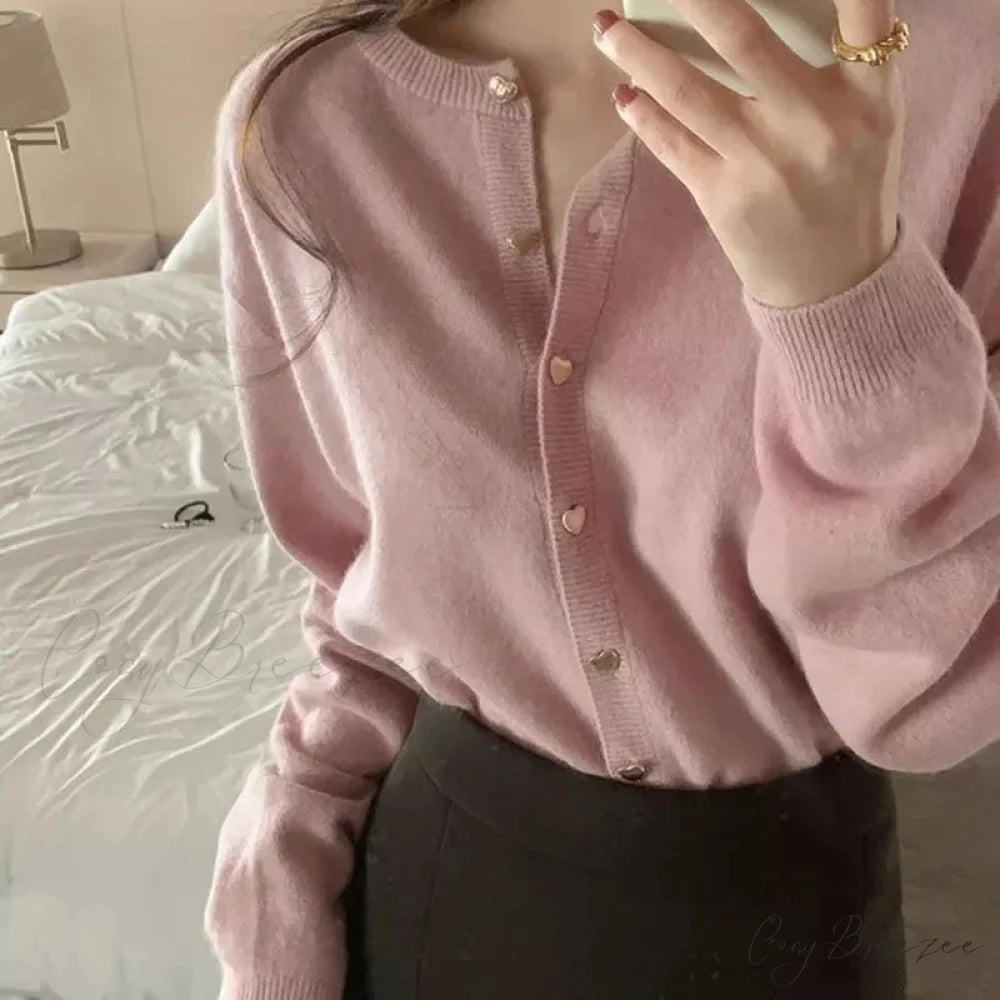 O-neck Full Sleeve Informal Cardigan Pink / One Size cardigans-241228