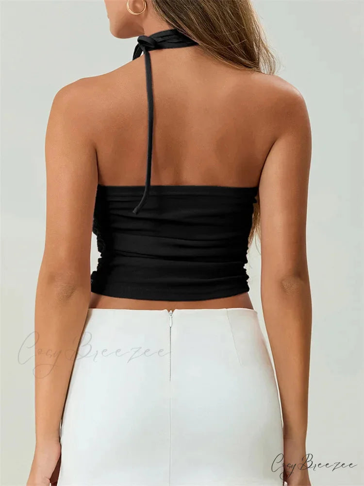 Off Shoulder 3D Flower Ruched Tube Crop Top croptop-250126
