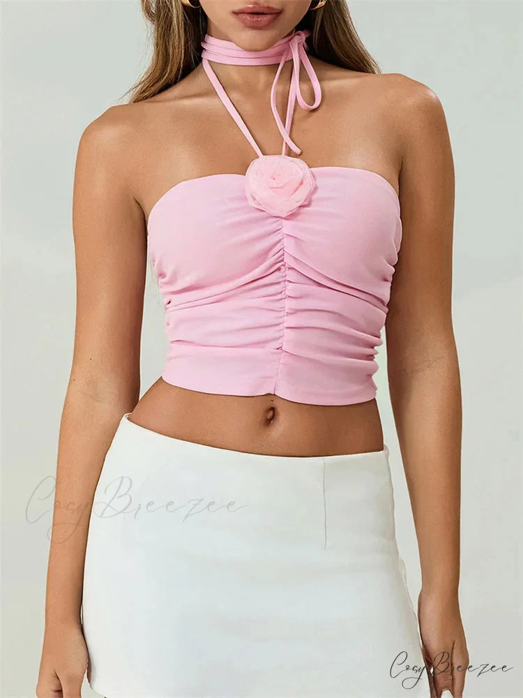 Off Shoulder 3D Flower Ruched Tube Crop Top PINK / S croptop-250126