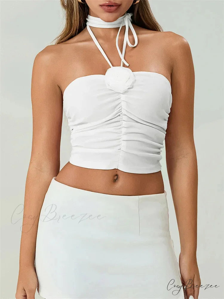 Off Shoulder 3D Flower Ruched Tube Crop Top WHITE / S croptop-250126