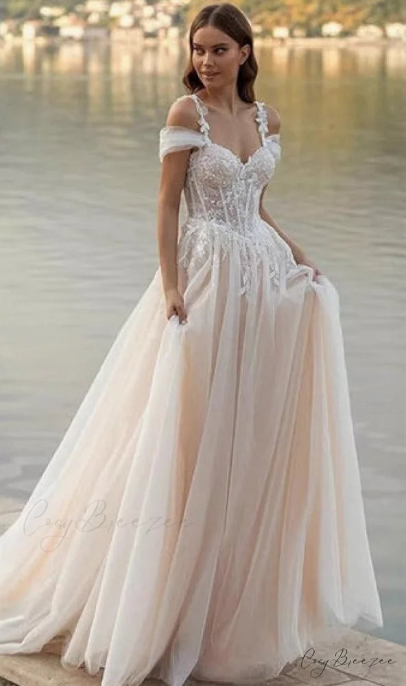 Off-Shoulder A-Line Sheer Wedding Dress weddingdress-250223