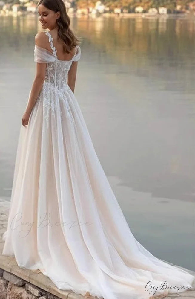 Off-Shoulder A-Line Sheer Wedding Dress white / 2 weddingdress-250223