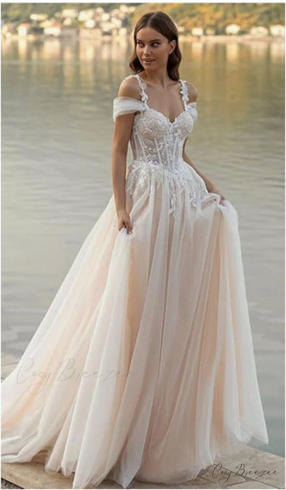 Off-Shoulder A-Line Sheer Wedding Dress off white / 2 weddingdress-250223