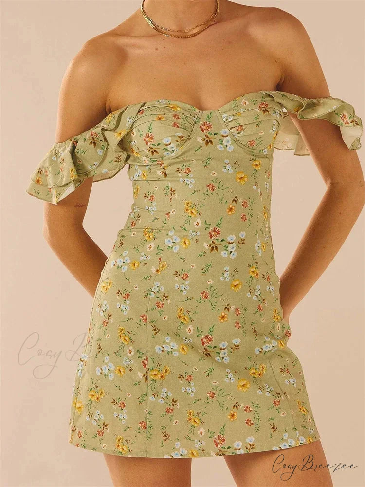 Off Shoulder Casual Sleeveless Floral Print Ruffle Trim Mini Dress