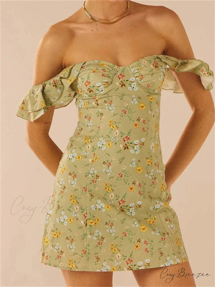 Off Shoulder Casual Sleeveless Floral Print Ruffle Trim Mini Dress