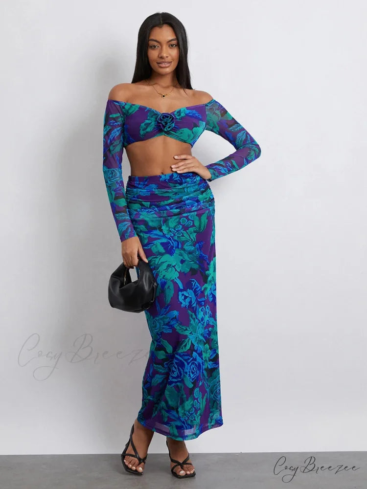 Off-Shoulder Crop Top High Waist Floral Skirt floraldress-250126
