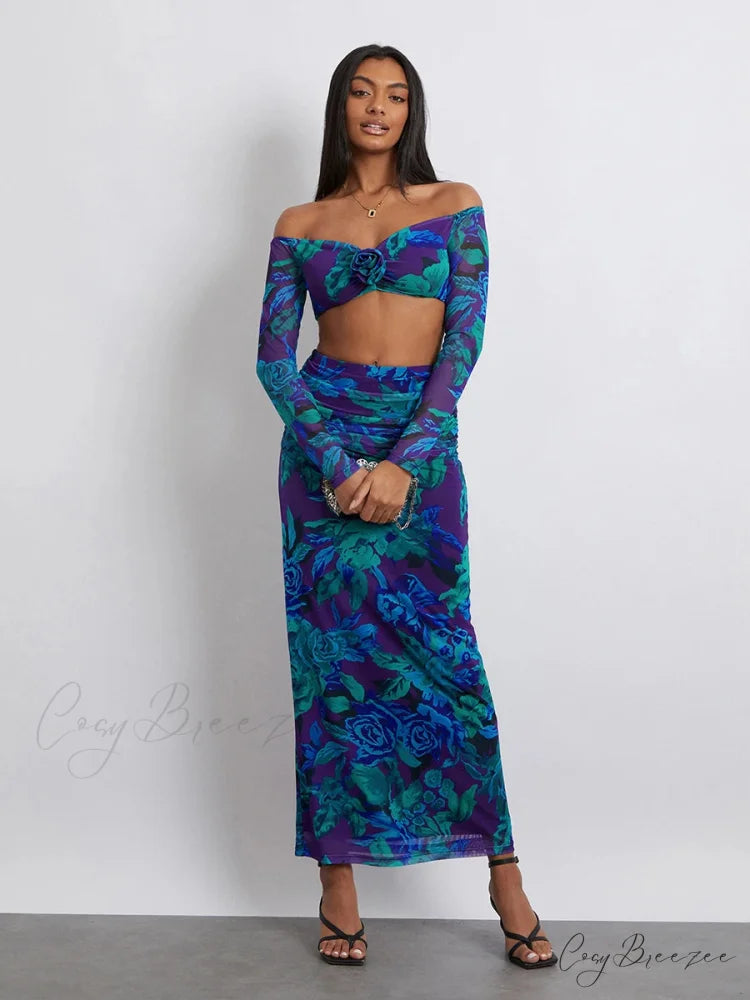 Off-Shoulder Crop Top High Waist Floral Skirt floraldress-250126