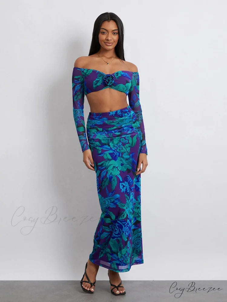 Off-Shoulder Crop Top High Waist Floral Skirt floraldress-250126