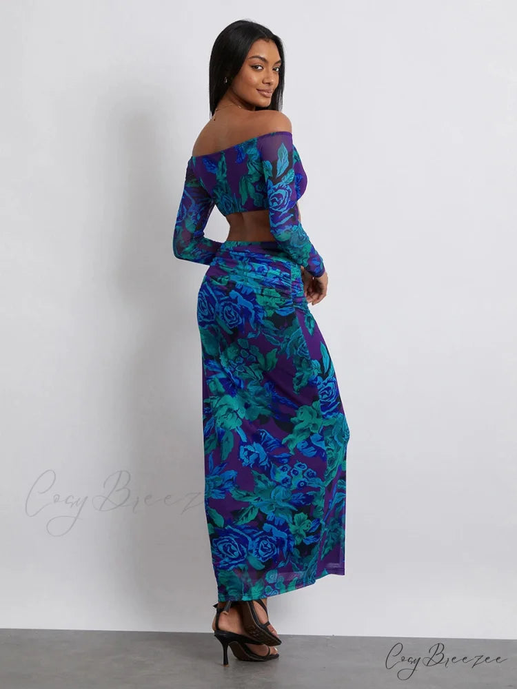 Off-Shoulder Crop Top High Waist Floral Skirt floraldress-250126