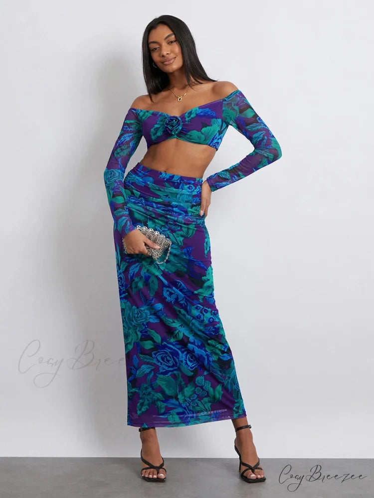 Off-Shoulder Crop Top High Waist Floral Skirt floraldress-250126
