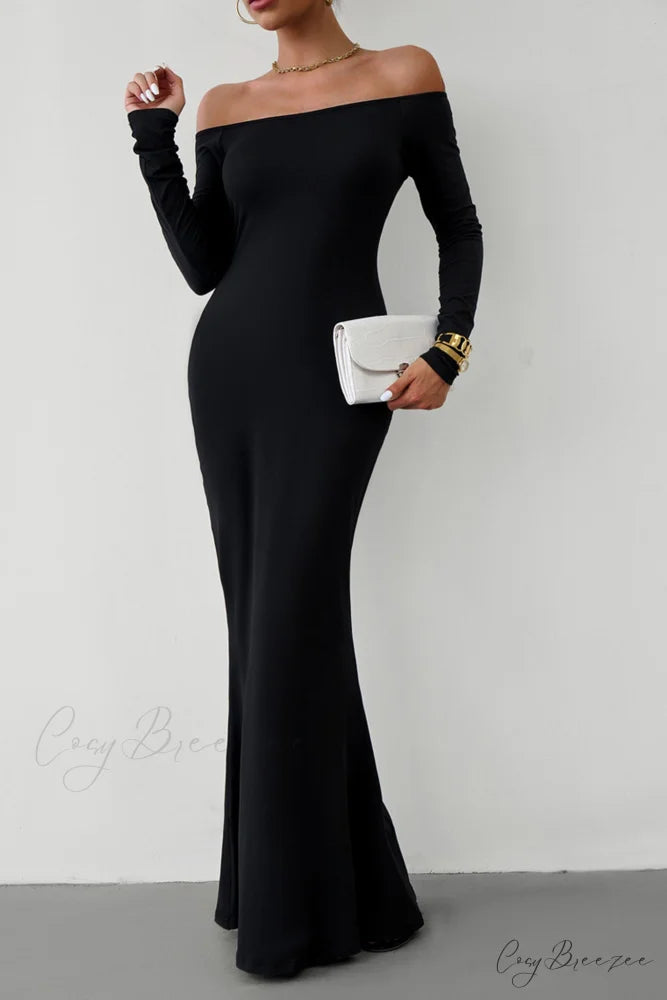 Off Shoulder Fishtail Dress Black / M