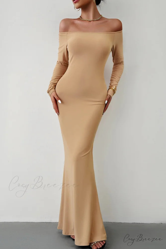 Off Shoulder Fishtail Dress Khaki / M
