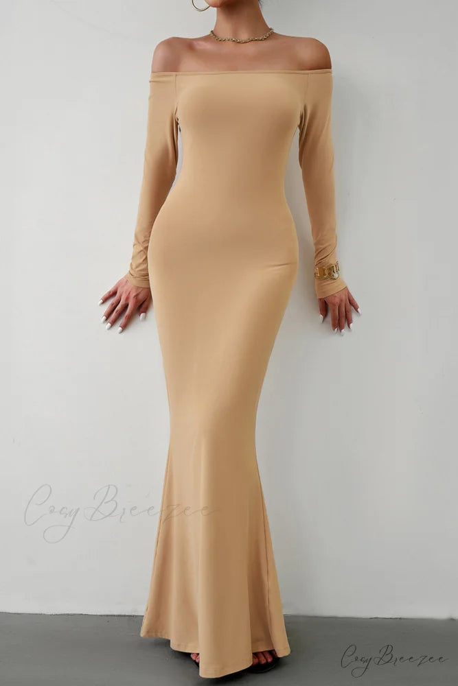 Off Shoulder Fishtail Dress Khaki / S
