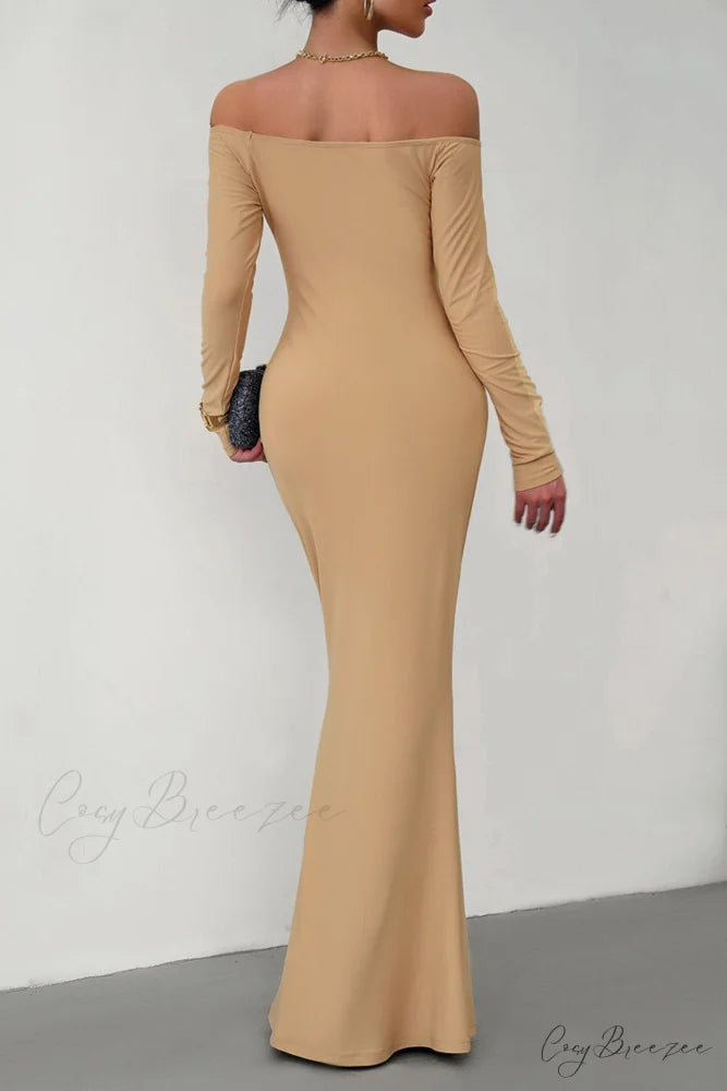 Off Shoulder Fishtail Dress Khaki / XL