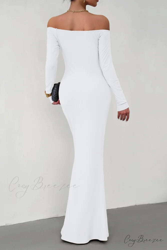 Off Shoulder Fishtail Dress White / L