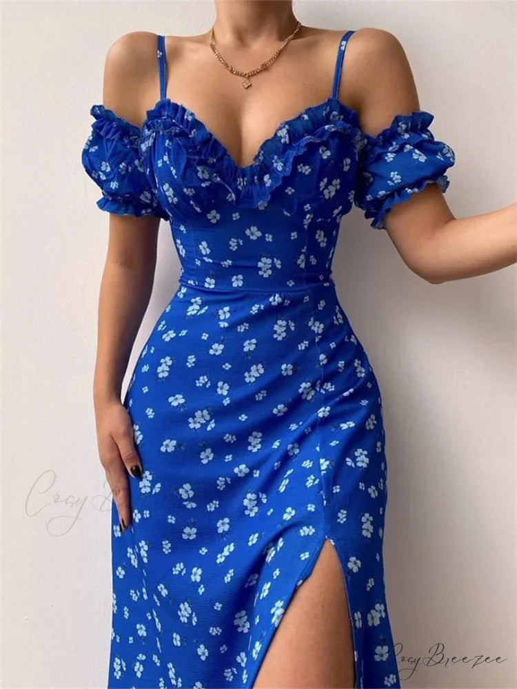 Off-Shoulder Frilly Suspender Short Sleeve Split Mid-Length A-Line Dress Blue / S floraldress-250126