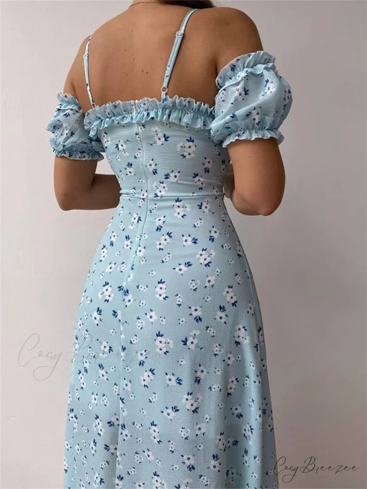 Off-Shoulder Frilly Suspender Short Sleeve Split Mid-Length A-Line Dress floraldress-250126