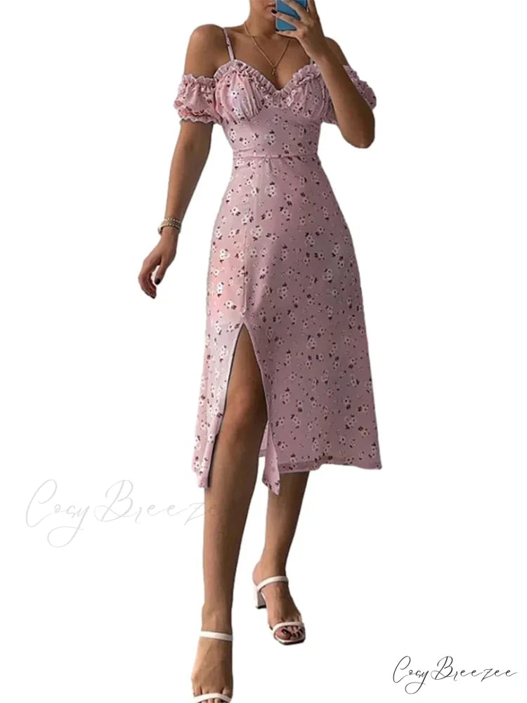 Off-Shoulder Frilly Suspender Short Sleeve Split Mid-Length A-Line Dress Pink / S floraldress-250126