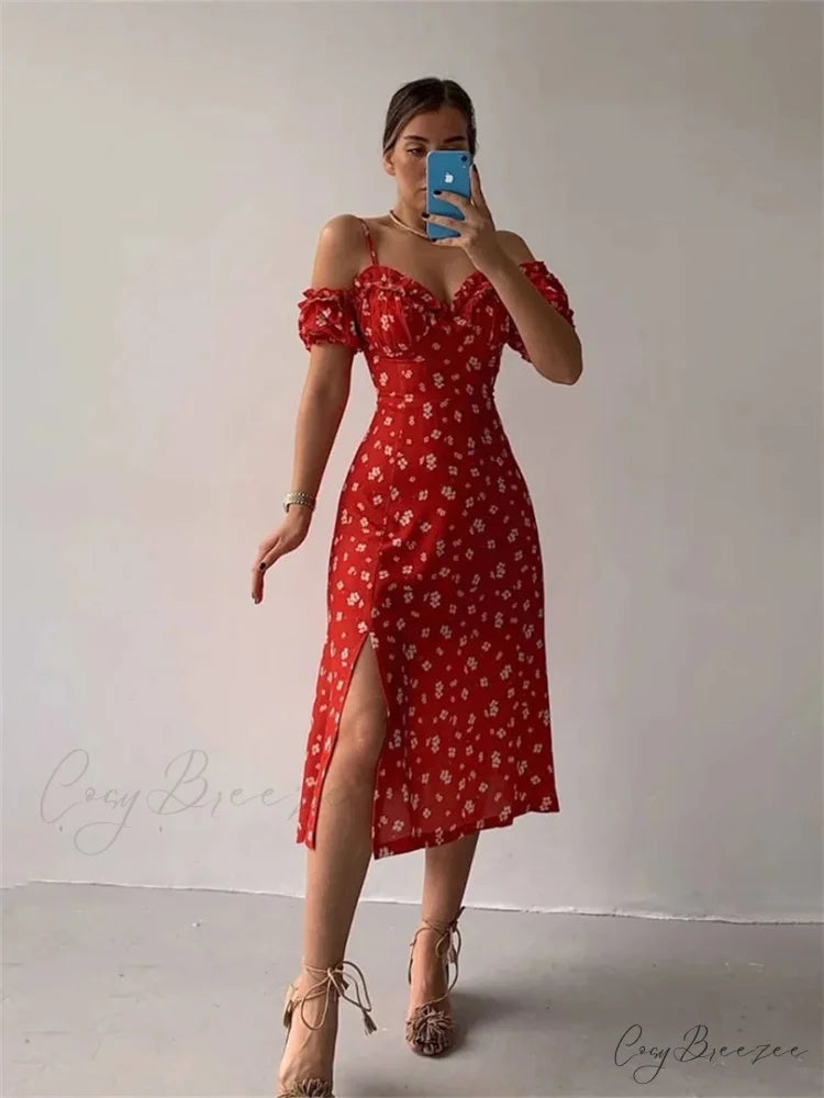 Off-Shoulder Frilly Suspender Short Sleeve Split Mid-Length A-Line Dress Red / S floraldress-250126