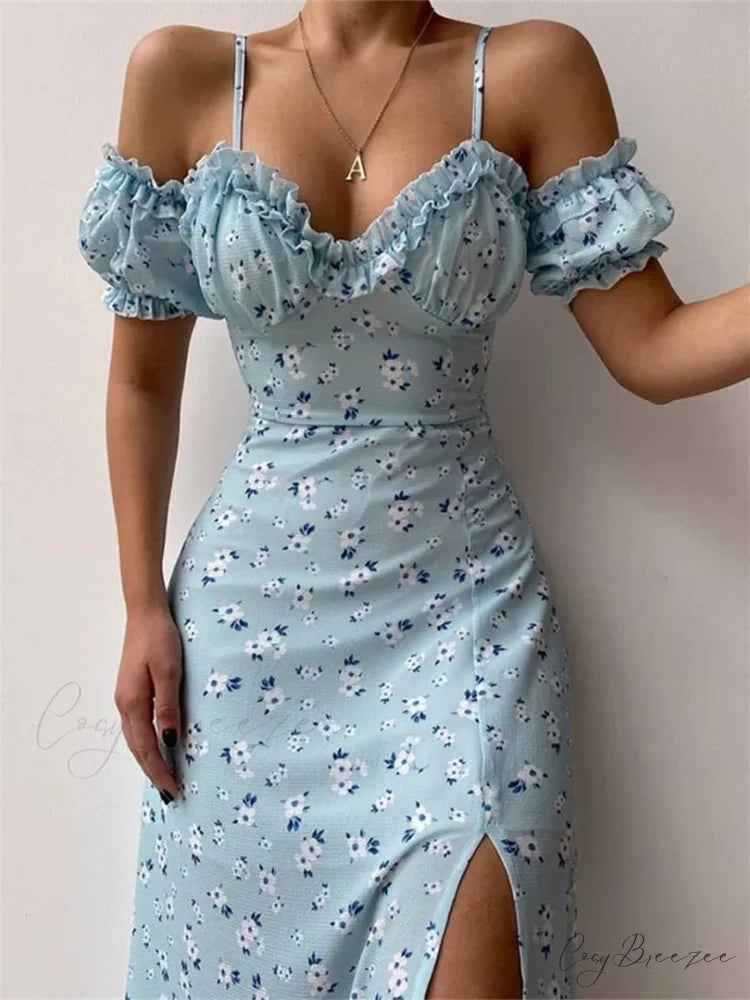 Off-Shoulder Frilly Suspender Short Sleeve Split Mid-Length A-Line Dress SKY BLUE / S floraldress-250126