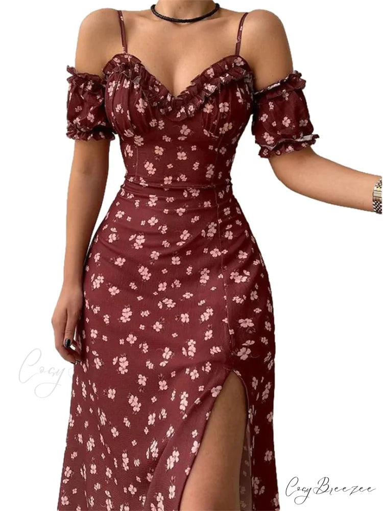 Off-Shoulder Frilly Suspender Short Sleeve Split Mid-Length A-Line Dress Wine Red / S floraldress-250126