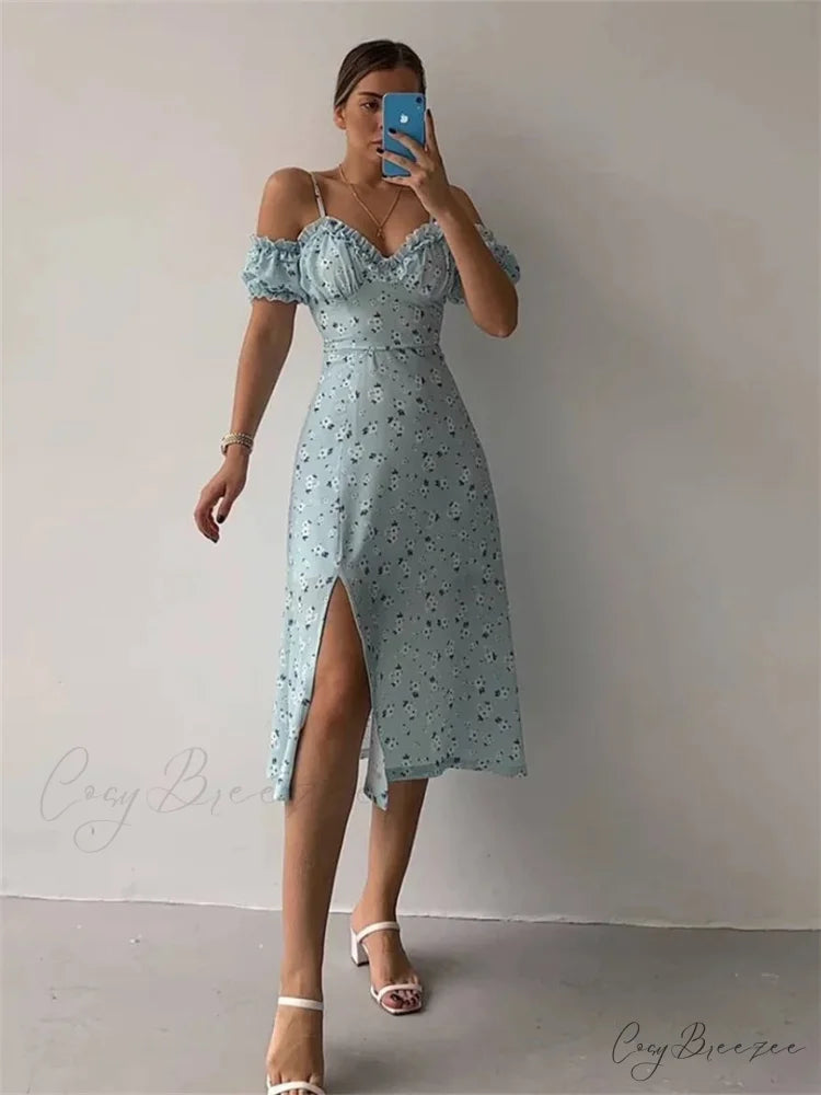 Off Shoulder Frilly Suspender V-neck Split Floral A-Line Midi Dress Sky blue / S