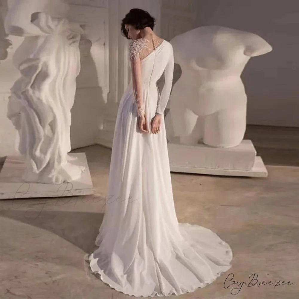 Off-Shoulder High Slit Long Gown Wedding Dress white / 2 weddingdress-250223