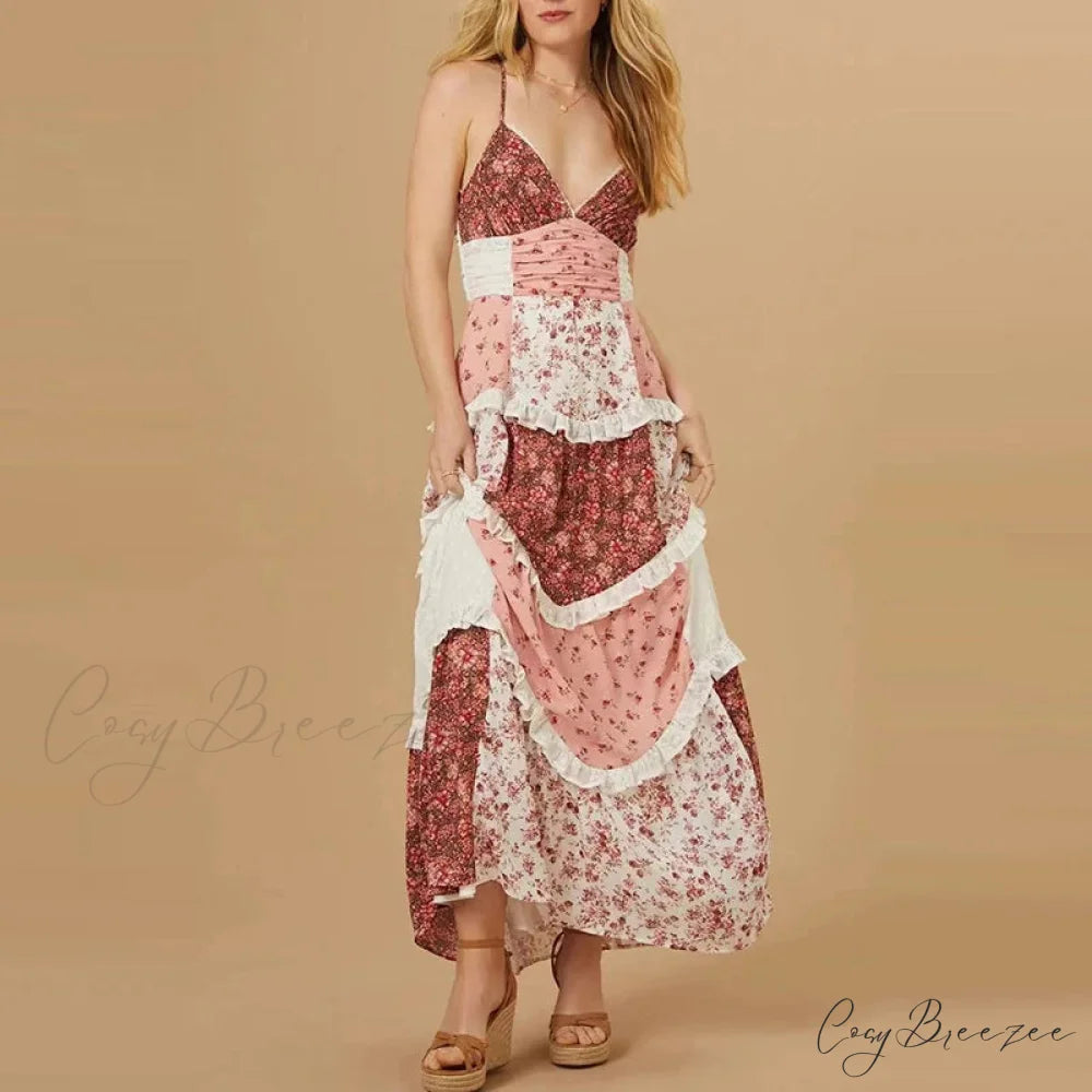 Off-Shoulder High Waist Pleated Floral Dress pink / S