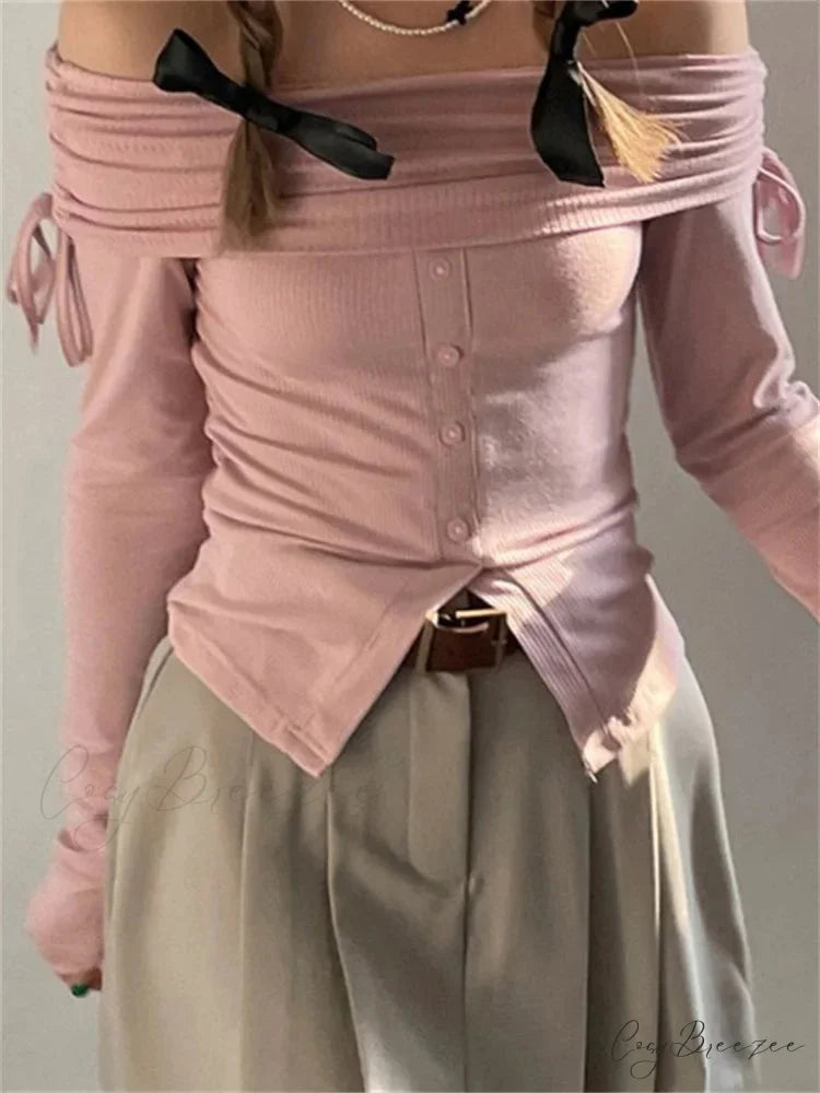 Off Shoulder Knitted Long Sleeve Solid Color Buttoned Front Split T-Shirts