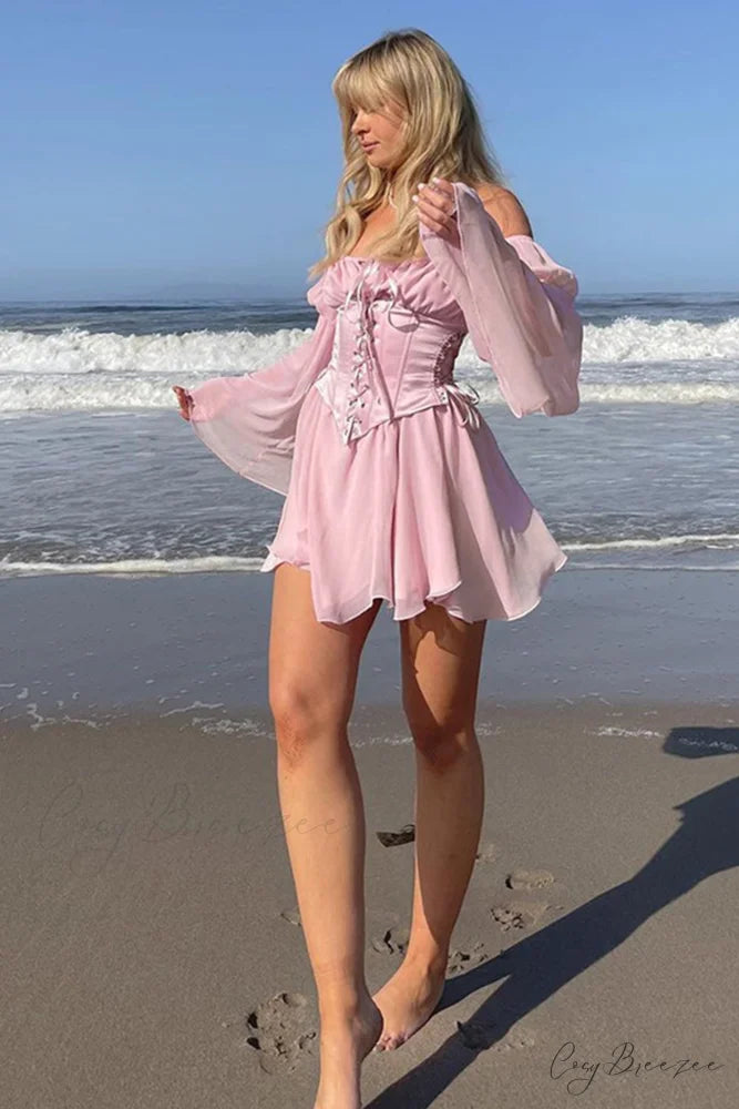 Off Shoulder Lace-up Corset Ruched Dress Pink / Dress / M