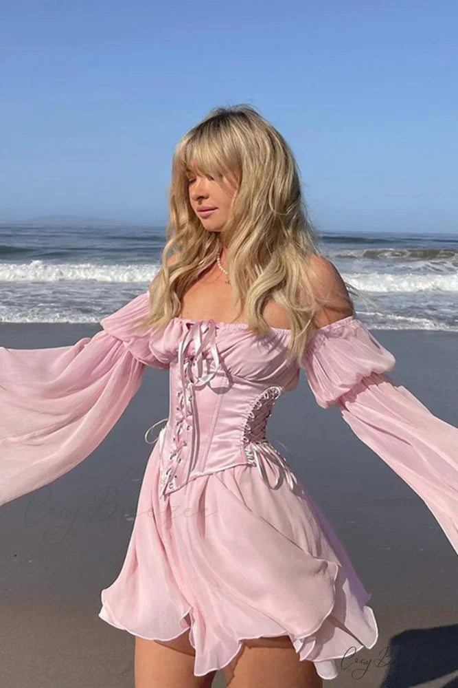 Off Shoulder Lace-up Corset Ruched Dress Pink / Dress / S