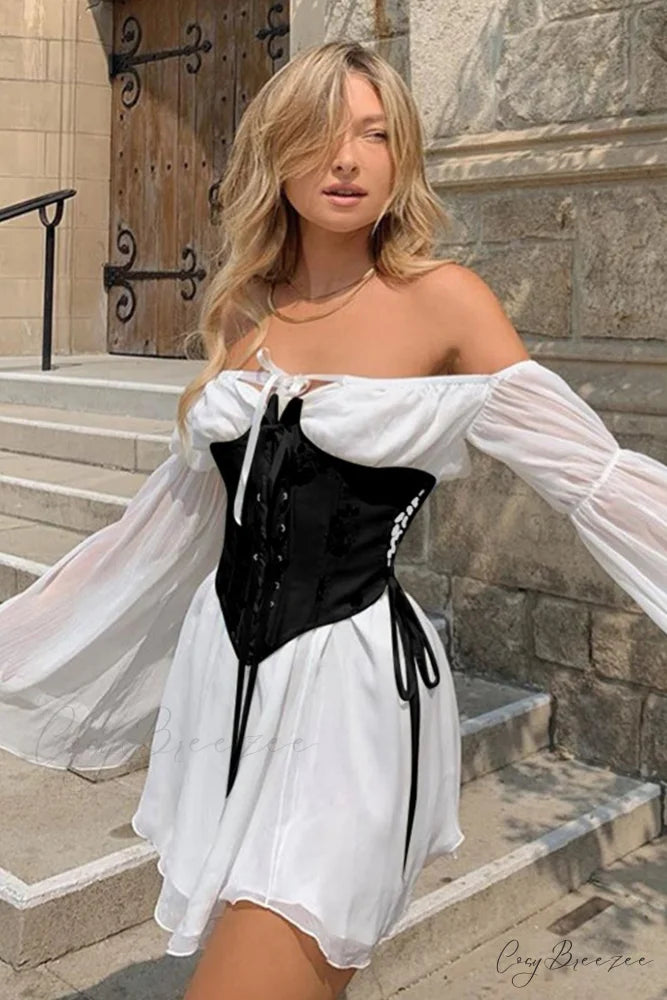Off Shoulder Lace-up Corset Ruched Dress White / Dress / M