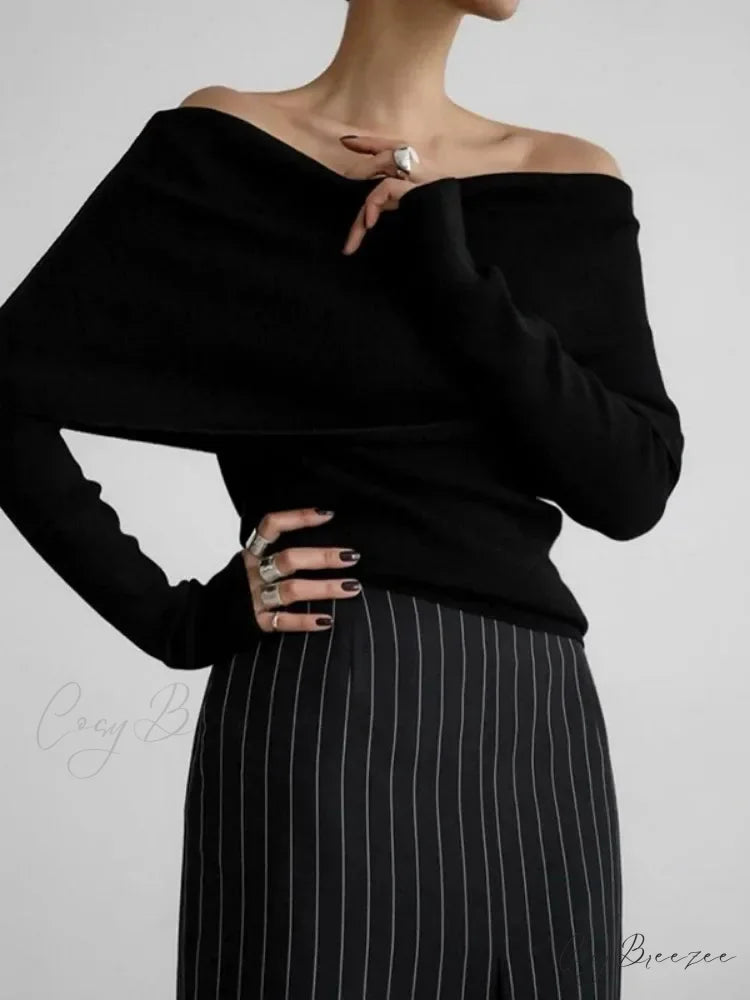 Off Shoulder Long Sleeve Skinny Sweater BLACK / S swraters-241228
