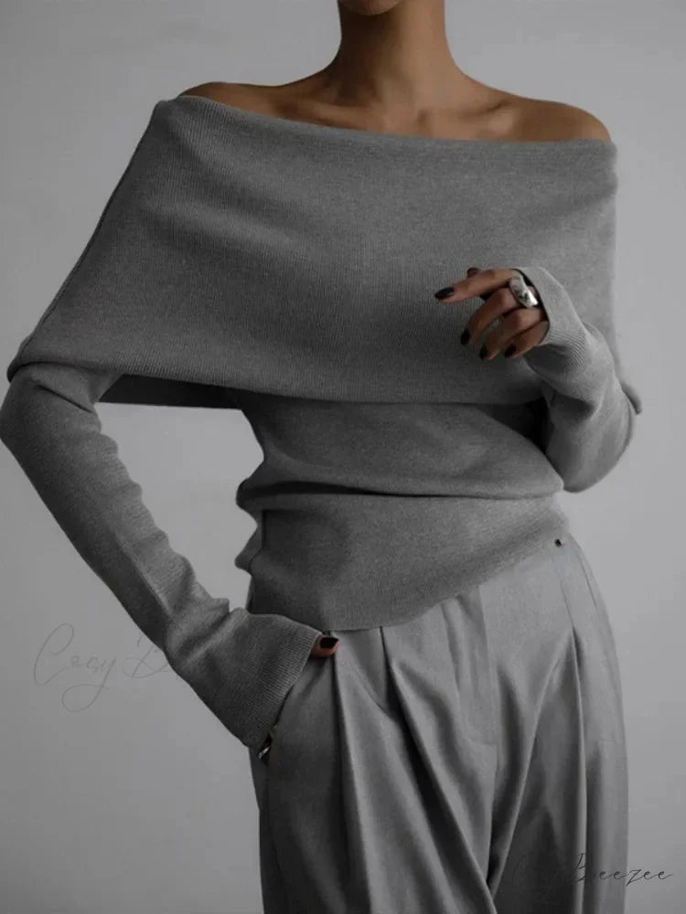 Off Shoulder Long Sleeve Skinny Sweater GRAY / S swraters-241228