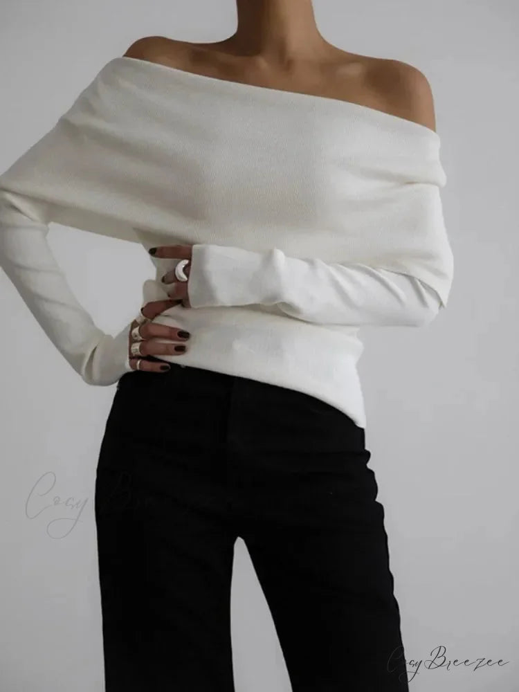 Off Shoulder Long Sleeve Skinny Sweater WHITE / S swraters-241228