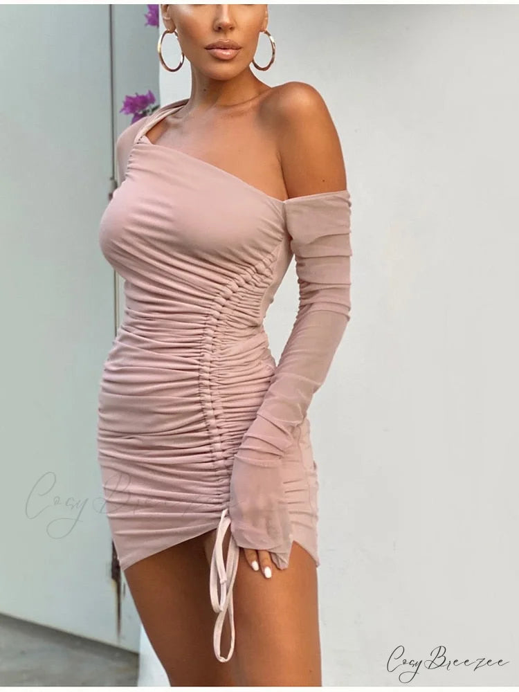 Off shoulder Mesh Charming Long Sleeve Drawstring Dress