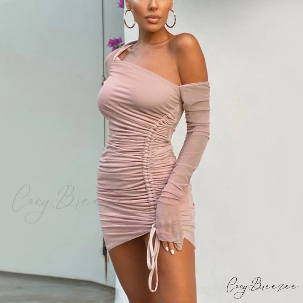 Off shoulder Mesh Charming Long Sleeve Drawstring Dress Pink / XS / China
